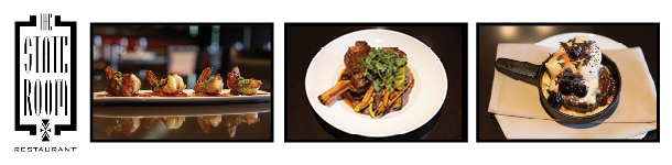 State Room menu offerings, ham-wrapped prawns. Main - Osso Bucco. Dessert - Treacle & Brown Bread