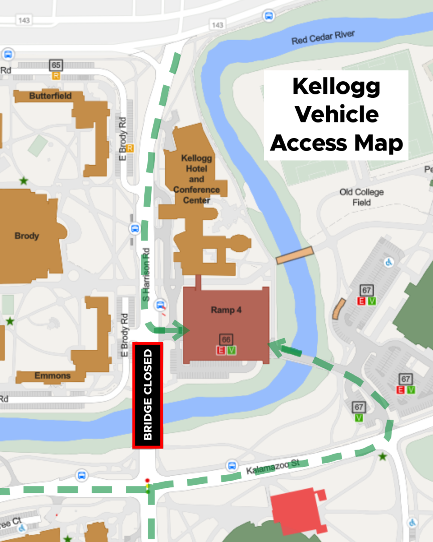 Due to the Harrison Road closure and bridge repairs occurring between Monday, June 9 and Friday, August 22, guests coming to Kellogg Hotel & Conference Center from south of the bridge can access the Kellogg Ramp via the Kalamazoo entrance through Lot 67 by Jenison Field House. Those arriving from north of the bridge can use the main ramp entrance on S. Harrison Road as usual.  For more information, please visit ipf.msu.edu/notices/harrison-road-bridge-rehabilitation